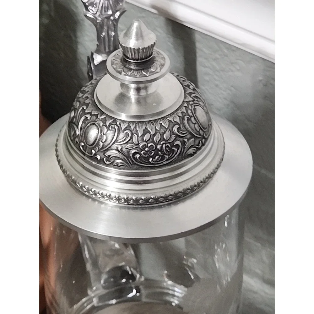 Vtg  Etched Crystal German Beer Mug Tankard Stein Glass Pheasant Pewter Lid 6.5